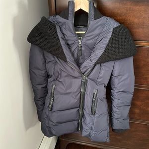 Navy coat and black leather trim with black knit hood